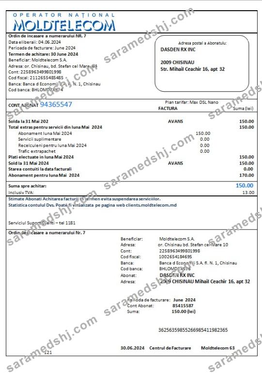 Moldova Moldtelecom business utility bill template in Word and PDF formats, fully editable